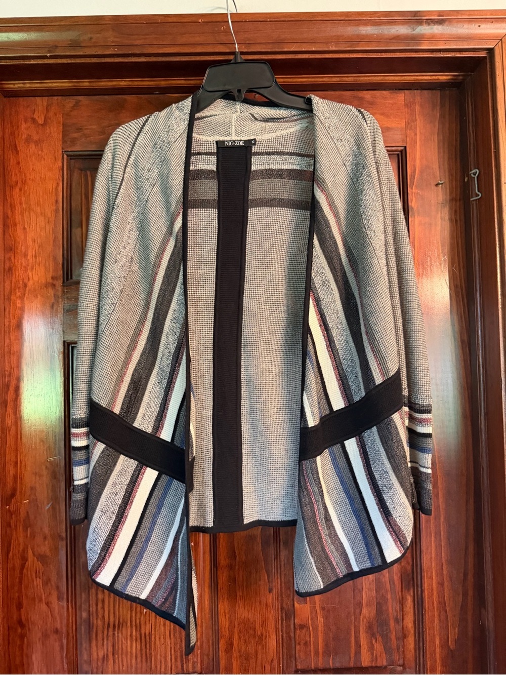 NIC+ZOE Gray Multi Striped Open-Front Cardigan